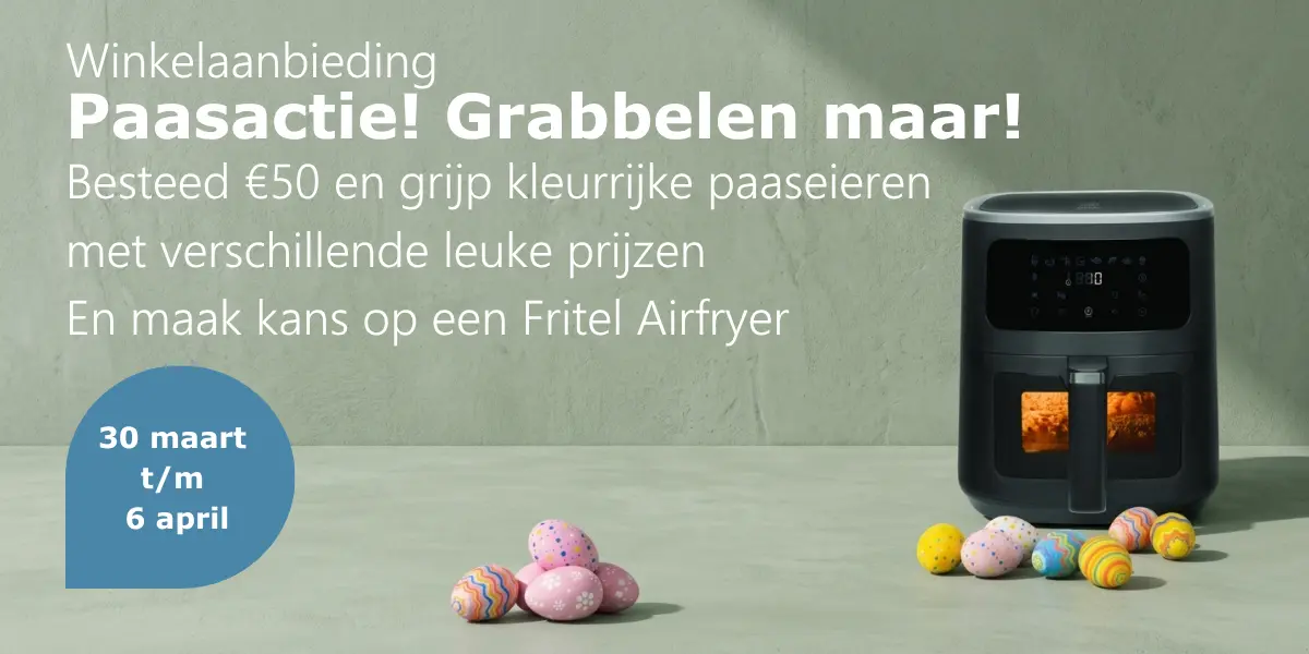 Besteed &euro;50 en maak kans op een Fritel Airfryer of andere prijzen met onze grabbel-actie (30/3 - 6/4).